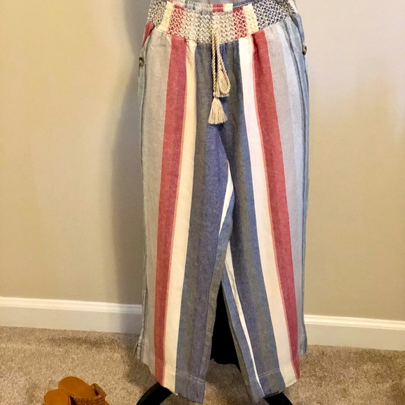Westbound Sm Stripe Print Mid Rise Pocketed Drawstring Waist Linen Pants NWOT - Picture 2 of 10